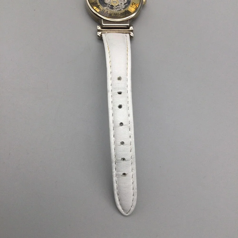 Vintage Gitano Womens Watch 30mm Skeleton Gold Dial White Leather New Battery
